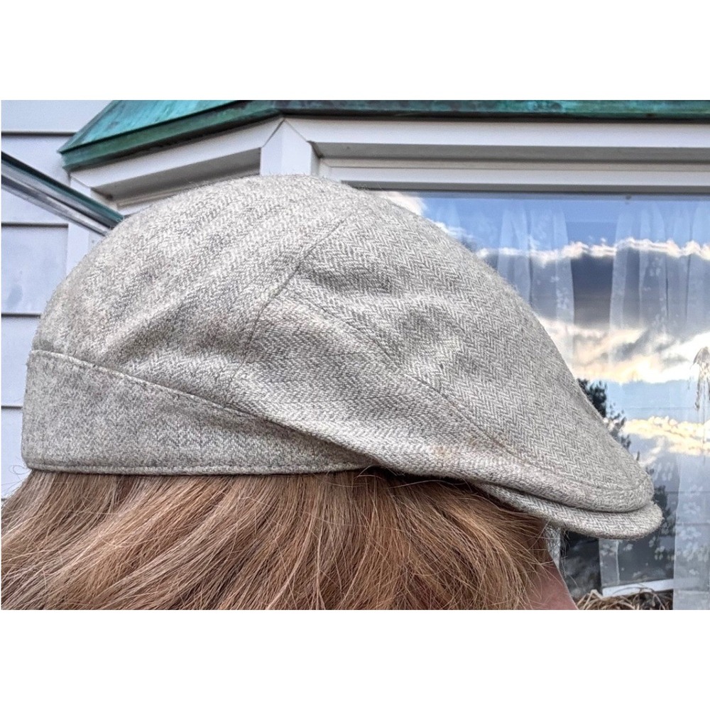 Vintage Flat Cap M/L Gray Wool Blend Herringbone Newsboy Ivy Tweed Cabbie Hat